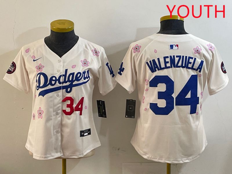Youth Los Angeles Dodgers #34 Valenzuela Cream Sakura Edition 2025 Nike MLB Jersey style 6->youth mlb jersey->Youth Jersey